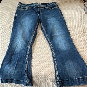 Blue Flare Wide Leg Jeans with Contrast Stitching